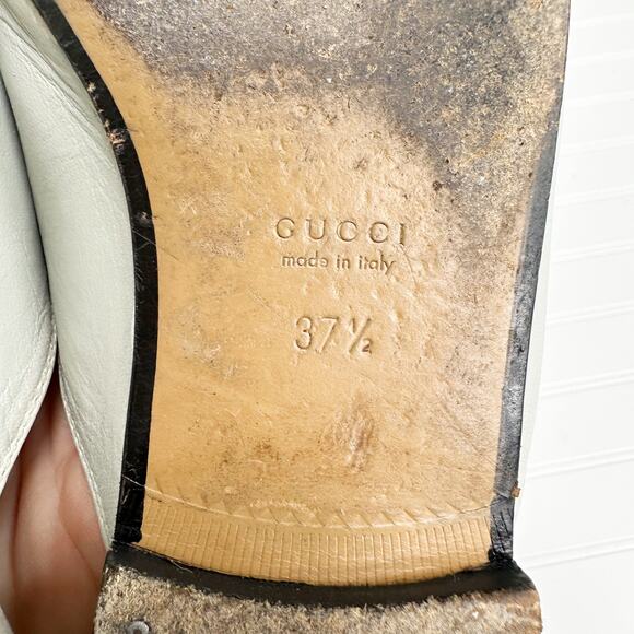 Gucci Princetown Loafer Mules Gray Bone Leather Flats Gold Horsebit Buckle 37.5 - Picture 5 of 8